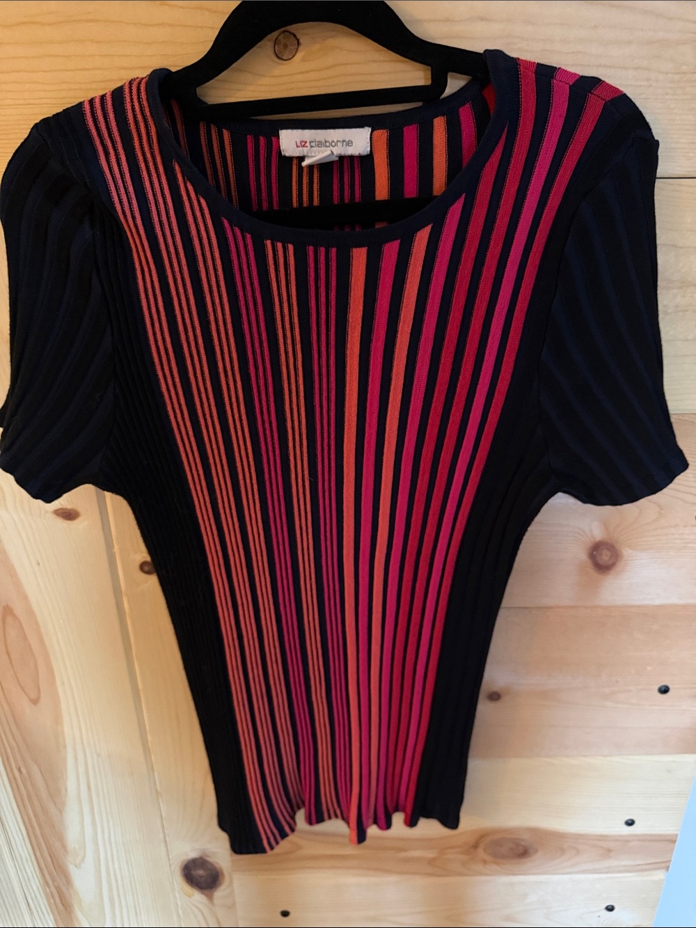 Liz Claiborne Black Top with Pink and Orange Vertical Stripes